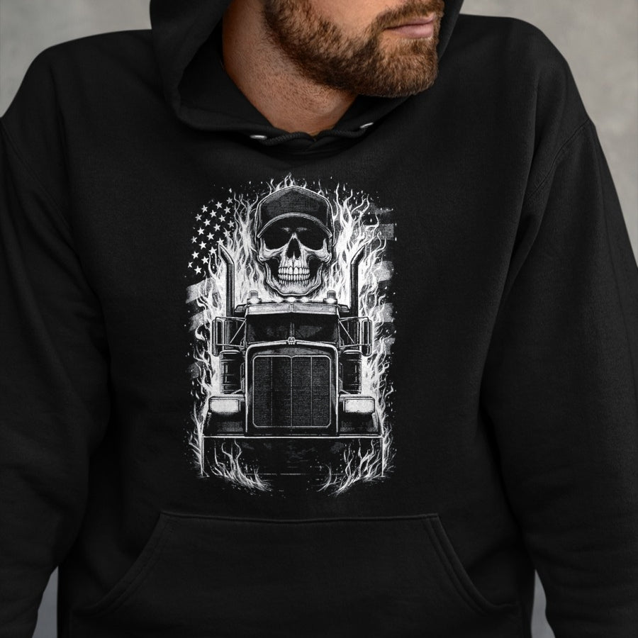 Best Truck Driver Life Shirt, Funny Trucker UnisexT-Shirt/Hoodie/Sweatshirt HLT00 - Trucker Patriotic American Flag Semi Truck Driver Skull T-Shirt, Men, Black, Medium