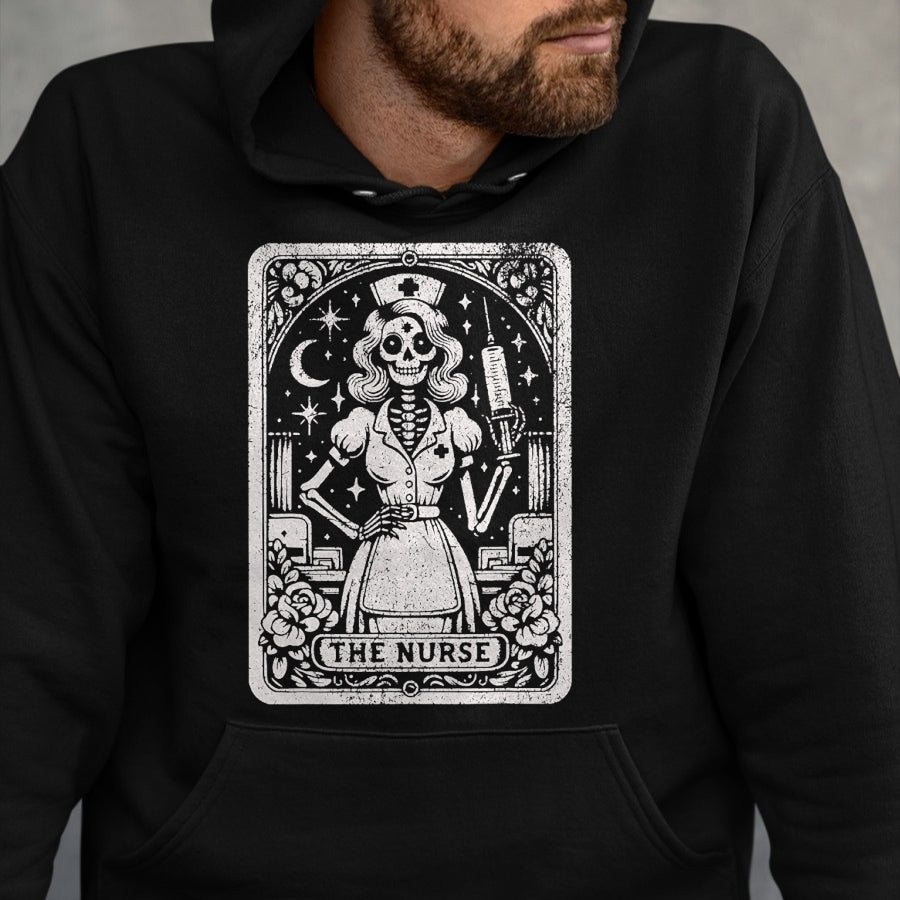Funny Nurse Shirt, Nurse Unisex T-Shirt/Hoodie/Sweatshirt HLT00 - The Nurse Skeleton Tarot Card Funny Nursing Nurse RN LPN NP T-Shirt