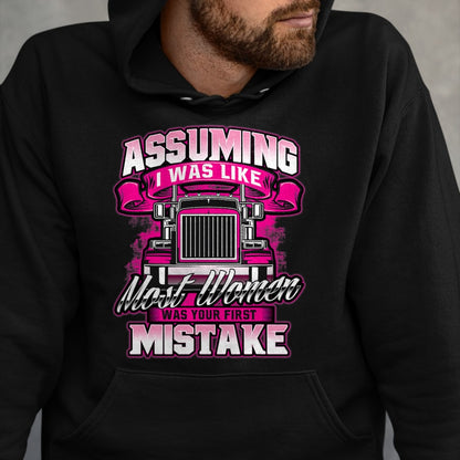 Best Truck Driver Life Shirt, Funny Trucker UnisexT-Shirt/Hoodie/Sweatshirt HLT00 - First Mistake - Female Semi Truck Driver Trucker Trucking T-Shirt