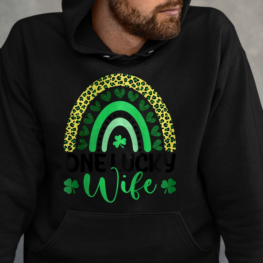 Best Wife Shirt, Wife and Husband Unisex T-Shirt/Hoodie/Sweatshirt HLT00 - Gift for wife T shirt, lucky wife   Womens One Lucky Wife Leopard Rainbow Saint Patrick's Day Raglan