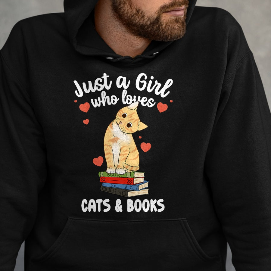 Cat Love Shirt, Funny Cat Lover Gift UnisexT-Shirt/Hoodie/Sweatshirt HLT00 - Just a Girl Who Loves Cats and Books Reading Cat & Bookworm T-Shirt