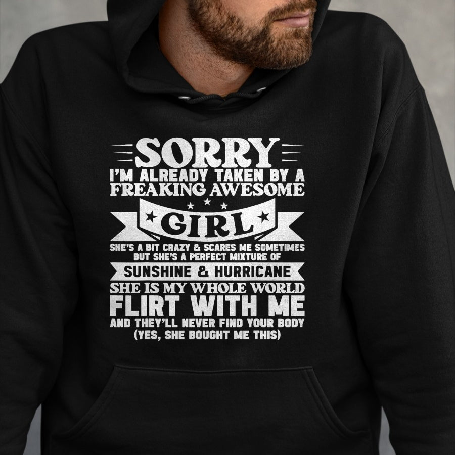 Best Wife Shirt, Wife and Husband Unisex T-Shirt/Hoodie/Sweatshirt HLT00 - Sorry I'm Already Taken By Freaking Awesome Girl Boyfriend T-Shirt (1)