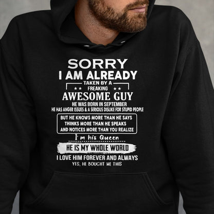 Best Wife Shirt, Wife and Husband Unisex T-Shirt/Hoodie/Sweatshirt HLT00 - Sorry I Am Already Taken By A Freaking Awesome Guy September T-Shirt (1)
