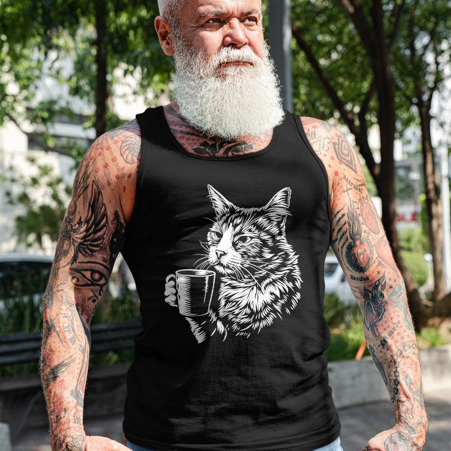 Cat Love Shirt, Funny Cat Lover Gift UnisexT-Shirt/Hoodie/Sweatshirt HLT00 - Cat Drinking Coffee Lover Barista Funny Animal Tired Cat T-Shirt