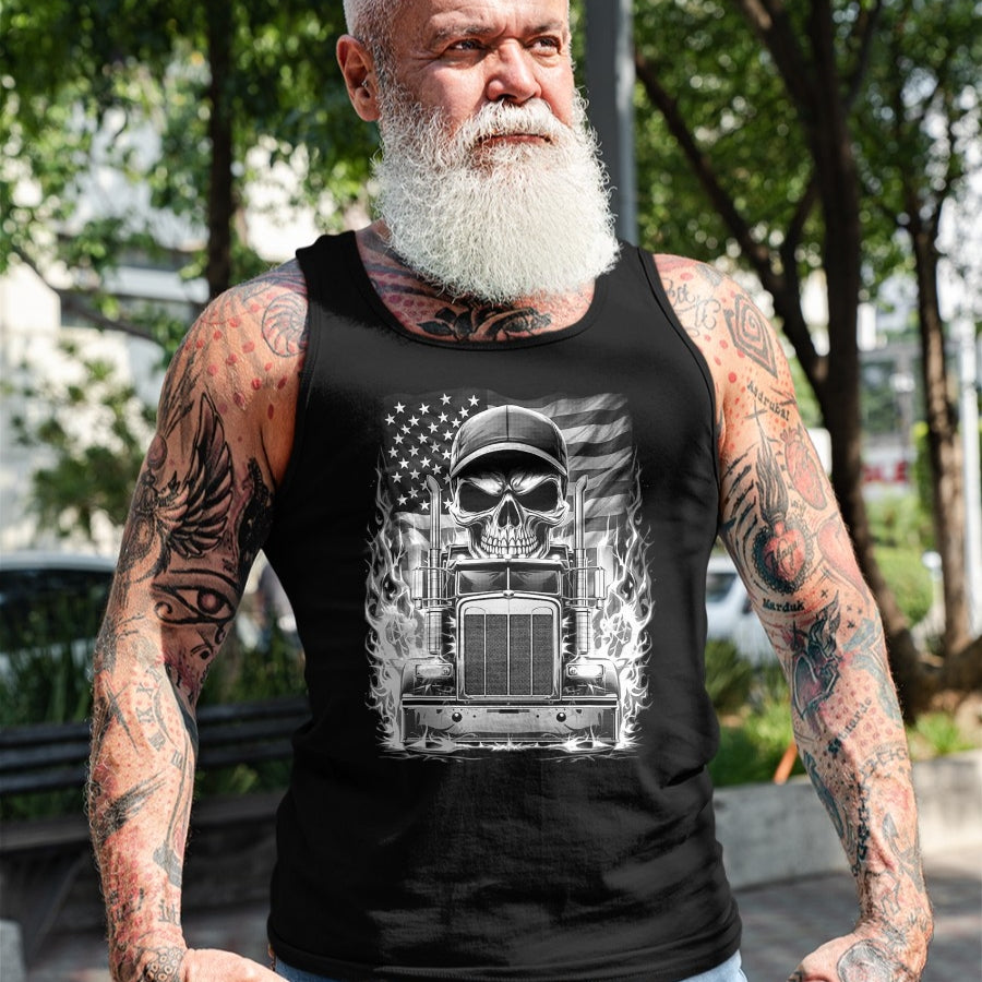 Best Truck Driver Life Shirt, Funny Trucker UnisexT-Shirt/Hoodie/Sweatshirt HLT00 - Trucker Patriotic American Flag Semi Truck Driver Skull T-Shirt