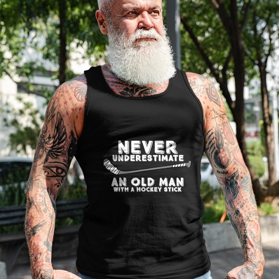 Best Grandpa Shirt, Proud Grandpa Unisex T-Shirt/Hoodie/Sweatshirt HLT00 - Never Underestimate An Old Man With A Stick Old Man Hockey T-Shirt