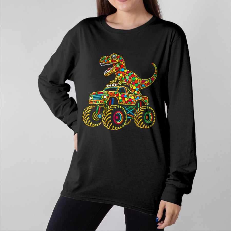 Best Dinosaur Lover Shirt, Funny Dinosaur UnisexT-Shirt/Hoodie/Sweatshirt HLT00 - Colorful Polka Dot Dinosaur Riding Monster Truck Toddler Boy T-Shirt