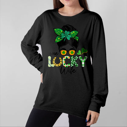 Best Wife Shirt, Wife and Husband Unisex T-Shirt/Hoodie/Sweatshirt HLT00 - Gift for wife T shirt, lucky wife   Womens One Lucky Wife Messy Bun Irish St Patricks Day Shamrock R
