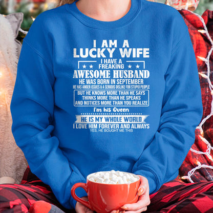 Best Wife Shirt, Wife and Husband Unisex T-Shirt/Hoodie/Sweatshirt HLT00 - Gift for wife T shirt, lucky wife   I Am A Lucky Wife I Have A Freaking Awesome Husband SEPTEMBE Pre